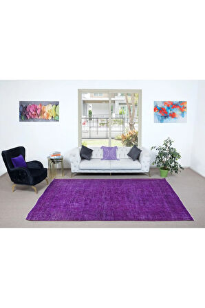 210x309 cm Mor Yeniden Boyanmış El Yapımı Halı, El Dokuması Türk Halısı, Modern Alan Halısı