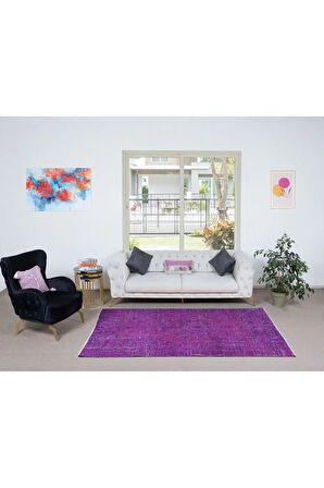 152x243 cm Mor Anadolu Halısı, Yenilenmiş El Yapımı Türk Halısı, Yün ve Pamuklu Halı