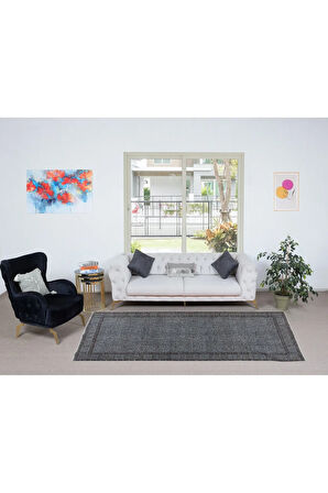 151x271 cm Çağdaş Gri Arka Planlı ve Kahverengi Desenli El Dokuma Halı