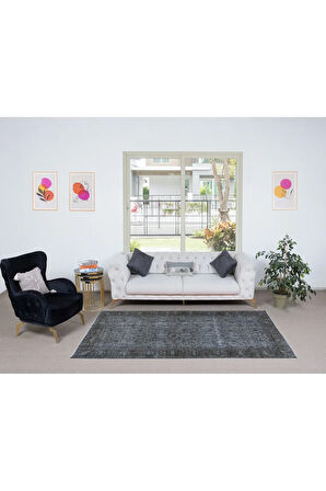 140x241 cm Çağdaş El Yapımı Gri Renkli Çiçekli Halı, 100% El Yapımı Alan Halısı