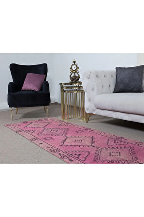 83x380 cm, El Düğümlü Koridor Halısı, Pembe Mutfak Halısı, El Dokuması Yünlü Yolluk Halısu