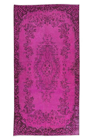 114x220 cm, Yenilenmiş Pembe El Yapımı Halı, Modern Yün ve Pamuktan Yapılmış Eski Halı