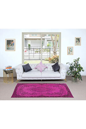 114x220 cm, Yenilenmiş Pembe El Yapımı Halı, Modern Yün ve Pamuktan Yapılmış Eski Halı