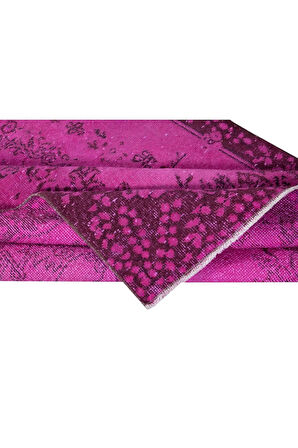 114x220 cm, Yenilenmiş Pembe El Yapımı Halı, Modern Yün ve Pamuktan Yapılmış Eski Halı