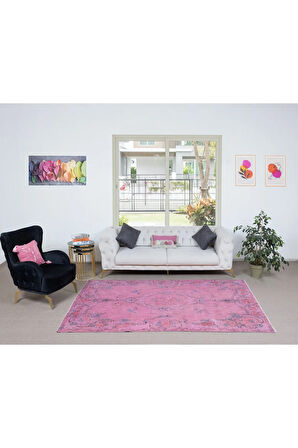 163x266 cm, El Düğümlü Pembe Halı, Dekoratif El Dokuması Yün ve Pamuktan Yapılmış Alan Halısı