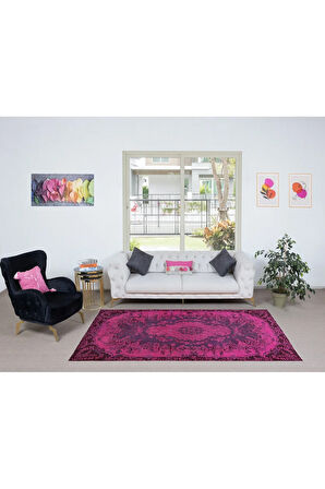 160x263 cm, Yenilenmiş Pembe El Yapımı Halı, Modern Yün ve Pamuktan Yapılmış Eski Halı