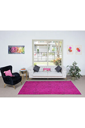 160x265 cm, Pembe El Yapımı Halı, Yenilenmiş Eski Halı, Yeniden Boyanmış Modern Halı