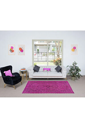 137x236 cm, Yeniden Boyanmış Pembe El Dokuma Halı, El Yapımı Eski Halı