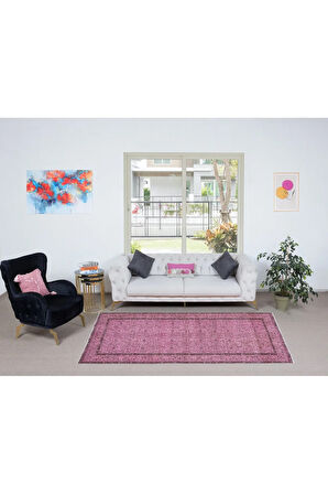156x273 cm, El Düğümlü Pembe Halı, Dekoratif El Dokuması Yün ve Pamuktan Yapılmış Alan Halısı