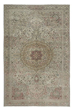 196x303 Cm Madalyon Tasarımlı Muhteşem Eski El Yapımı Türkiye'de Yapılmış Bej Alan Halısı