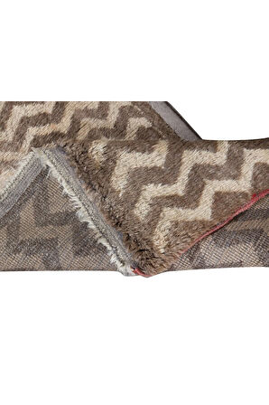 54x120 cm Zig Zag Tasarımlı Kahverengi ve Bej Eski El Yapımı Anadolu Tülü Halısı
