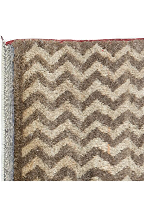 54x120 cm Zig Zag Tasarımlı Kahverengi ve Bej Eski El Yapımı Anadolu Tülü Halısı