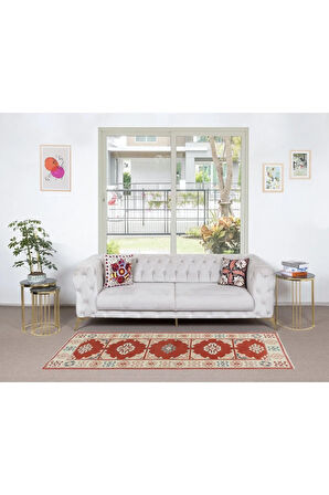 74x221 Cm Modern Kırmızı & Bej Renklerde Türk Halısı, Küçük Koridor Yolluğu, %100 Yün