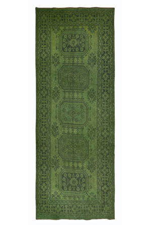 150x362 cm Yeşil El Dokuması Halı, Yolluk Halı, Modern Koridor Halısı
