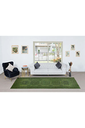 150x362 cm Yeşil El Dokuması Halı, Yolluk Halı, Modern Koridor Halısı