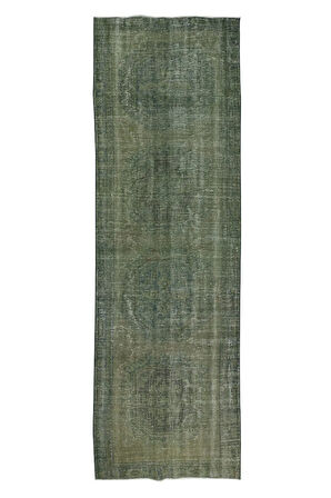 123x355 cm Yeşil'e Yeniden Boyanmış Koridor Halısı, El Yapımı Eski Yolluk Halı