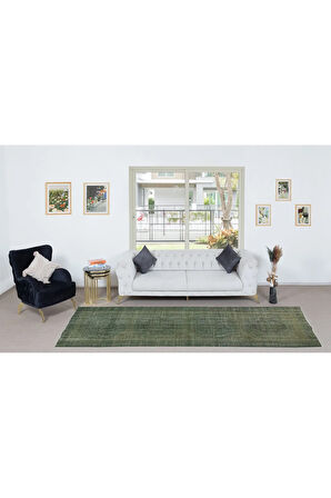 123x355 cm Yeşil'e Yeniden Boyanmış Koridor Halısı, El Yapımı Eski Yolluk Halı