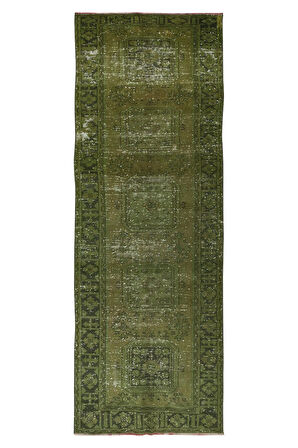 130x340 cm El Düğümlü Yeşil Koridor Halısı, Modern El Dokuması YünlüYolluk Halısı