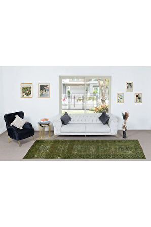 130x340 cm El Düğümlü Yeşil Koridor Halısı, Modern El Dokuması YünlüYolluk Halısı