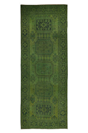 138x353 cm El Düğümlü Yeşil Halı, Dekoratif El Dokuması Yün ve Pamuktan Yapılmış Yolluk Halı