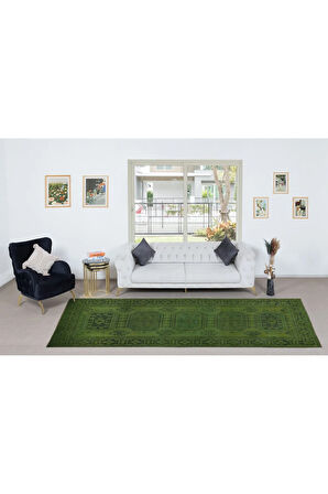 138x353 cm El Düğümlü Yeşil Halı, Dekoratif El Dokuması Yün ve Pamuktan Yapılmış Yolluk Halı