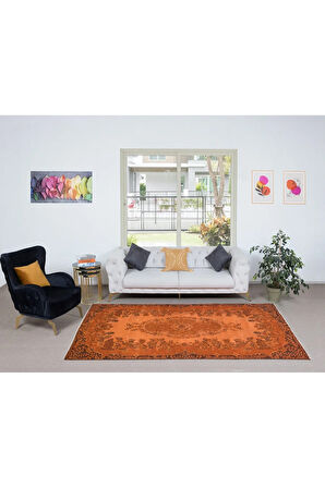 170x280 cm Turuncu Yemek Odası Halısı, Bohem Tarzı El Dokuma Halı, El Yapımı Türk Halıs
