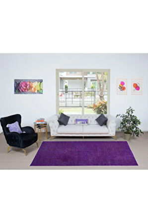 160x260 cm Mor Yeniden Boyanmış El Yapımı Halı, El Dokuması Türk Halısı, Modern Alan Halısı
