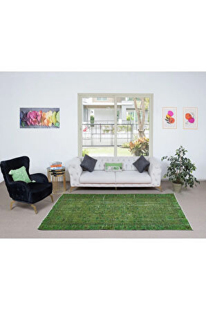 163x266 cm El Yapımı Türk Halısı, Yeşil El Dokuması Halı, Modern Yünlü Halı