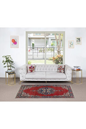 119x209 cm Eski Türk Köy Halısı, Geleneksel El Yapımı Halı, %100 Yün. Kırmızı, Lacivert ve Bej Renk