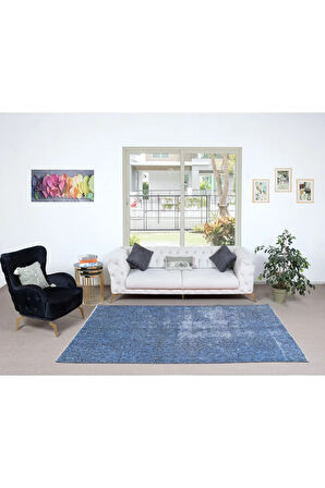 162x275 cm Gökyüzü Mavisi Yenilenmiş Halı, Eski El Dokuması Halı, Çiçek Desenli Halı