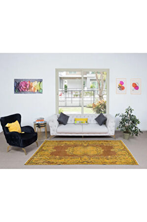 168x288 cm Decorative Sarı El Dokuması Halı, Yeniden Boyanmış Eski Halı