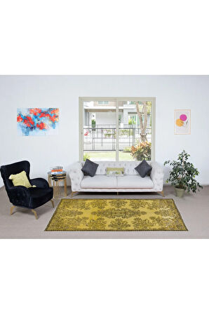 155x271 cm Sarı Halı, Yenilenmiş Türk Halısı, Modern El Dokuması Halı