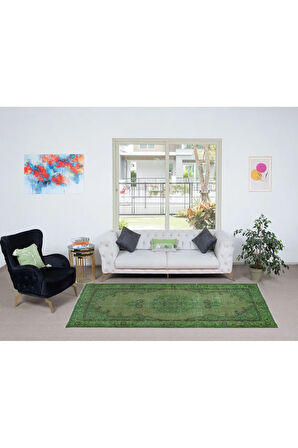 150x273 cm Çağdaş Yeşil Halı, El Düğümlü Mutfak Halısı, El Yapımı Halı