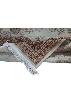 340x437 cm Bej ve Kırmızı Renklerde Eski El Yapımı Çiçek Desenli Türk Büyük Boy Halı