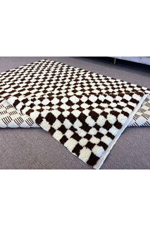 152x215 cm Doğal Boyanmamış Yünden Yapılmış Damalı El Dokuma "Tülü" Halı. Krem ve Kahve Renkler