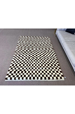 152x215 cm Doğal Boyanmamış Yünden Yapılmış Damalı El Dokuma "Tülü" Halı. Krem ve Kahve Renkler
