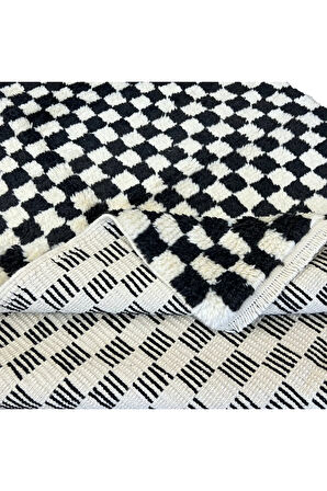 152x213 cm Bej ve Siyah Damalı El Yapımı Halı, %100 Yumuşak, Rahat Yün, Dama Tahtalı Tülü Halı