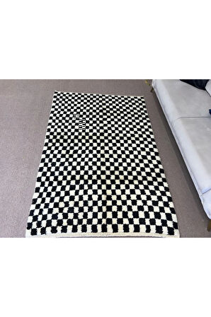 152x213 cm Bej ve Siyah Damalı El Yapımı Halı, %100 Yumuşak, Rahat Yün, Dama Tahtalı Tülü Halı