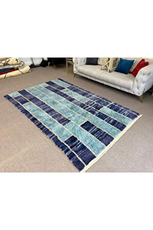 183x275 cm Mavi Tonlarda Çağdaş El Düğümlü Tülü Halı, %100 Yün, Özel Seçenekler Mevcut