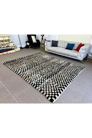 225x280 cm Bej, Siyah ve Siyah Damalı El Yapımı Tülü Halı, %100 Yumuşak, Rahat Doğal Yün