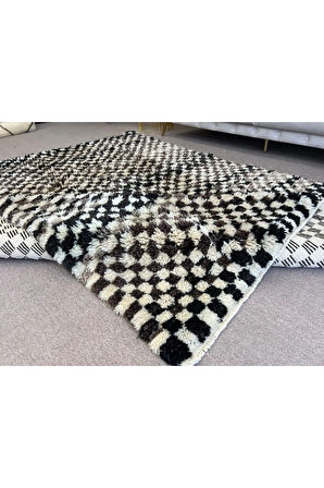 225x280 cm Bej, Siyah ve Siyah Damalı El Yapımı Tülü Halı, %100 Yumuşak, Rahat Doğal Yün