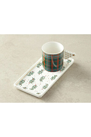 Christmas Tree New Bone China Tepsili Kahve Fincan Takımı Koyu Yeşil