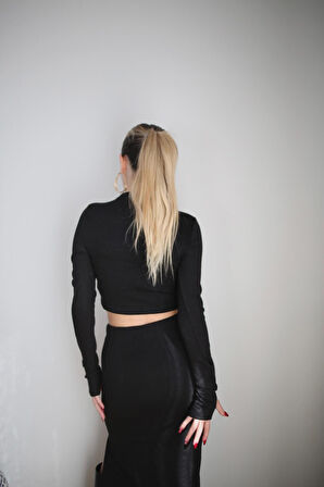 Basic Düz Renk Maxi Etek Crop Kazak Takım