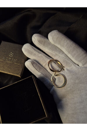 14 Ayar Altın Bombeli Ikili Halka Küpe Sarı-Beyaz 2 Cm