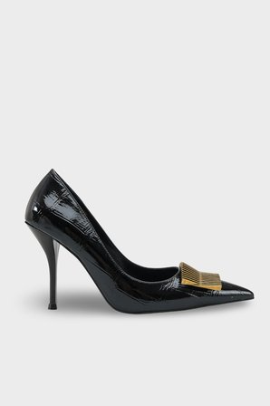 Kadın Stiletto Sivri Burun Altın Toka Detaylı Günlük Topuklu Ayakkabı Corso Siyah Kroko
