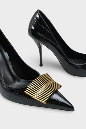 Kadın Stiletto Sivri Burun Altın Toka Detaylı Günlük Topuklu Ayakkabı Corso Siyah Kroko