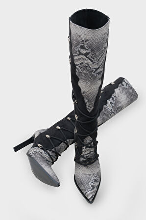 Kadın Sivri Burun Yılan Deri Desenli Topuklu Günlük Çizme Athenas Siyah 