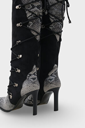 Kadın Sivri Burun Yılan Deri Desenli Topuklu Günlük Çizme Athenas Siyah 