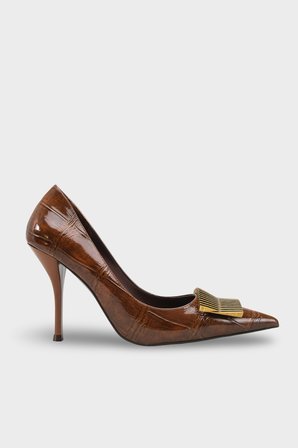 Kadın Stiletto Sivri Burun Altın Toka Detaylı Günlük Topuklu Ayakkabı Corso Kahve Kroko