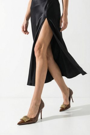 Kadın Stiletto Sivri Burun Altın Toka Detaylı Günlük Topuklu Ayakkabı Corso Kahve Kroko